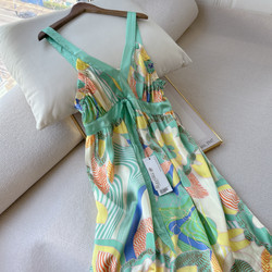 夏威夷风~女士夏季100%真丝素绉缎吊带连衣裙蝴蝶结桑蚕丝丝绸裙
