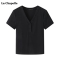拉夏贝尔/La Chapelle复古V领正肩短袖T恤女夏季新款黑色显瘦上衣