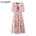 拉夏贝尔/La Chapelle夏季新款碎花短袖连衣裙女娃娃领雪纺裙子