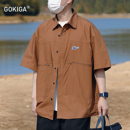 GOKIGA宫崎迦夏季潮流复古工装短袖衬衫男宽松五分袖衬衣外套1106