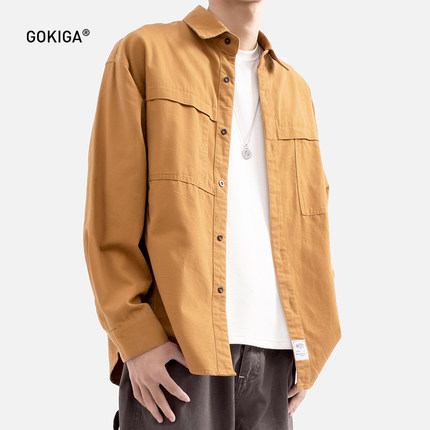 GOKIGA宫崎迦日系休闲款春季纯色潮流口袋长袖衬衫上衣外套男8125
