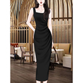 高端质感气质黑色礼服吊带连衣裙2024新款女装夏季修身OL背心长裙