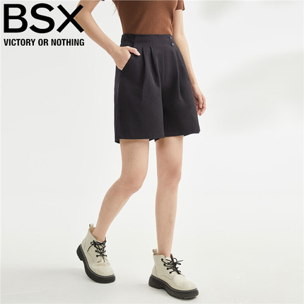 BSX短裤女装梭织纽扣打褶半松紧腰宽松休闲西装短裤 13403320