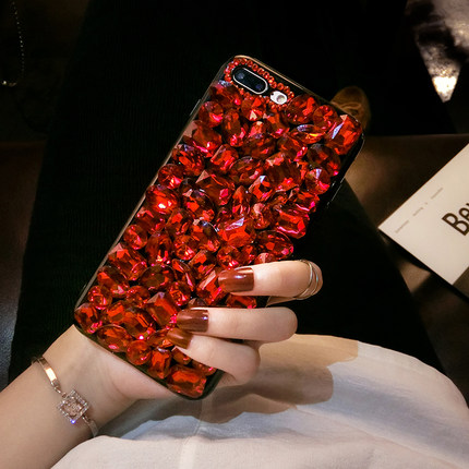 红色苹果7plus手机壳奢华水钻6S硅胶软个性挂绳8P大气iphoneX女款