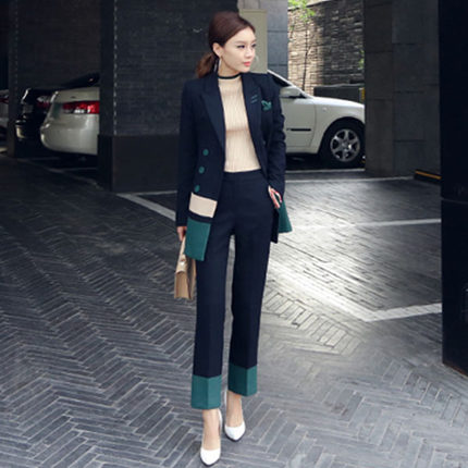 2018秋装新款韩版女装OL气质西装外套修身撞色休闲职业装长裤套装