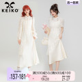 KEIKO 清冷白色系穿搭旗袍改良连衣裙夏季新中式开叉勾花蕾丝裙子