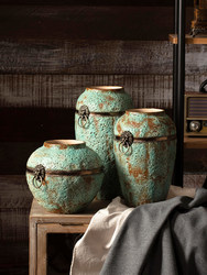 景德镇现代简约手工粗陶罐坛子花瓶插花干花做旧仿古花盆三件套