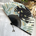 芷墨创意女式便携折扇日式和风夏季折叠纳凉扇子卡通边骨猫咪雕刻