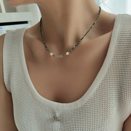 天然绿松石气质项链女小众设计复古高级感百搭锁骨链网红串珠颈链