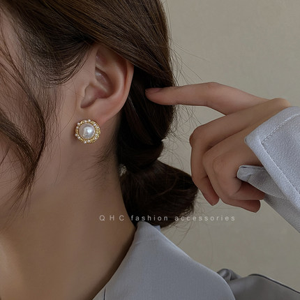 韩国925银针法式复古珍珠耳钉女简约巴洛克赫本耳环冷淡风耳饰女