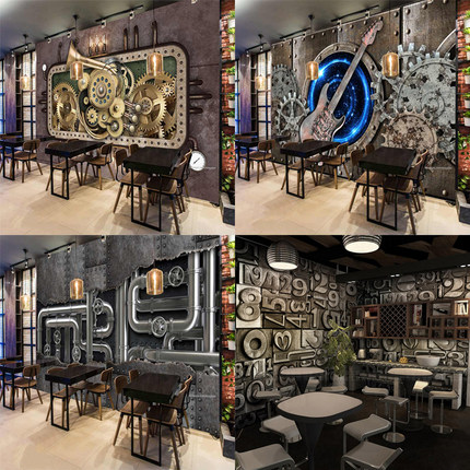 复古怀旧工业风3D立体英文字母墙纸餐厅饭店酒吧咖啡厅理发店壁纸
