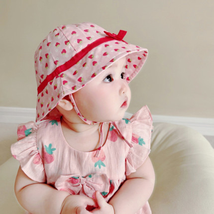 春夏季可爱粉色草莓女宝宝婴儿童甜美公主盆帽渔夫太阳遮阳帽子