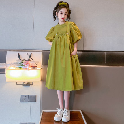 女童连衣裙夏季2023新款洋气韩版中大童泡泡袖小女孩背带裙两件套