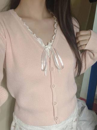 Brandy Girl官网新款螺纹纯色bm v领粉色针织开衫上衣毛衣外套女