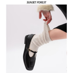 落日森林 t字玛丽珍鞋女2024春款法式方头低跟平底单鞋法式小皮鞋