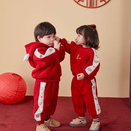 A宝宝红色加厚卫衣婴儿中国风过年服套装冬男女小童加绒喜庆拜年