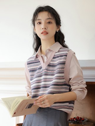 秋冬韩版设计感小众polo领假两件拼接套头针织毛衣马甲上衣衬衫