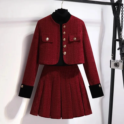 大码新年战袍红色小香风套装外套小个子春季2024新款百褶裙两件套