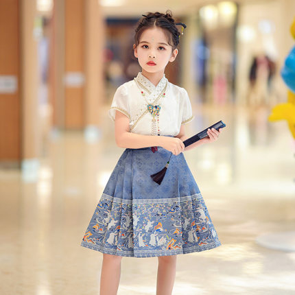 中国风夏装女童马面裙套装2024新款夏季中式唐装女儿童古风半身裙