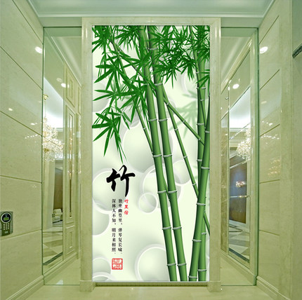 玄关无缝墙布3D中式竹子壁画走廊过道墙纸竖版背景墙壁纸花开富贵