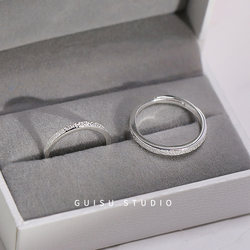归素细圈石纹情侣戒指纯银一对小众设计饰品冷淡风对戒刻字礼物