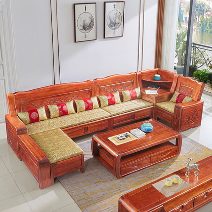 海棠木全实木沙发新中式冬夏两用大户型客厅转角高箱储物原木家具