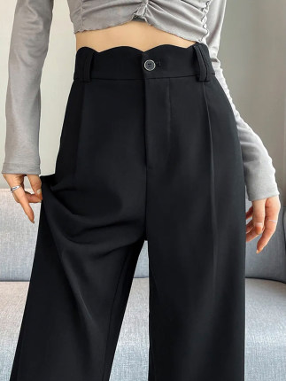 黑色设计感裤子女春夏款梨形身材大码胖mm显瘦高腰垂感阔腿西装裤