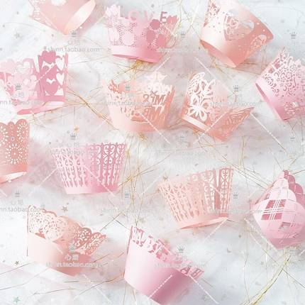 12个粉色浅粉色围桃红边杯子纸杯蛋糕烘焙婚礼甜品台宝宝宴派对