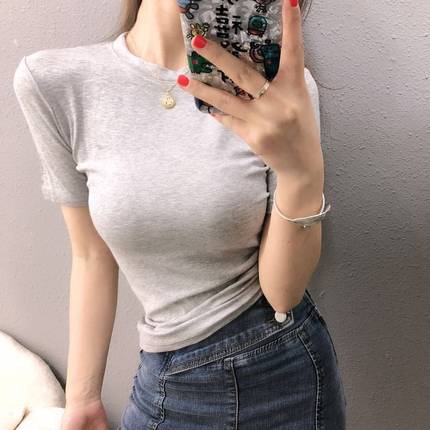 2019春夏新款韩版女装圆领短袖T恤女修身显胸上衣纯色百搭打底衫