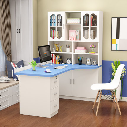 蓝色转角书桌书架一体电脑台式家用简约经济儿童书桌带书柜学习桌