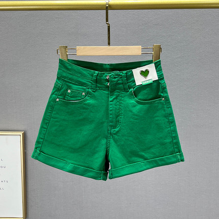 绿色牛仔短裤女2024年新款夏装弹力高腰修身显瘦ins翻边阔腿热裤