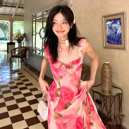 超仙大摆氛围感粉玫瑰花朵复古方领吊带长裙设计感海边度假连衣裙