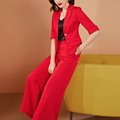 美妃雅时尚红色半袖西装套装外套女2024春季新款洋气七分裤两件套
