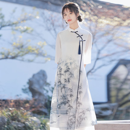新中式改良奥黛旗袍2024年轻款少女复古中国风高级感茶服连衣裙女