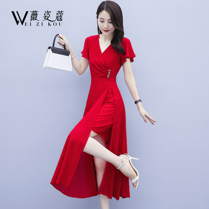 红色连衣裙夏季2024新款减龄女装高级感雪纺气质洋气显瘦中长裙子