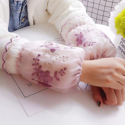 韩版双层绣花蕾丝袖套女学生防污短款可爱护袖筒头秋冬成人羽绒服