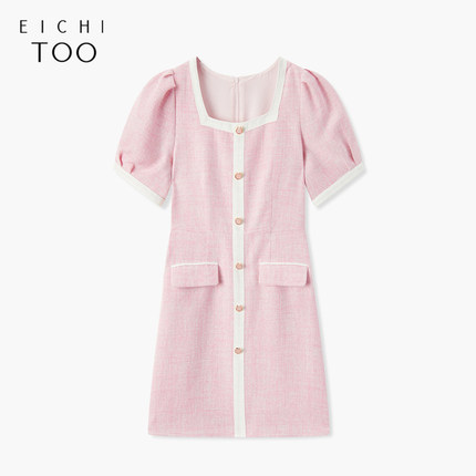 爱居兔夏季新款粉色少女感小香风短袖连衣裙