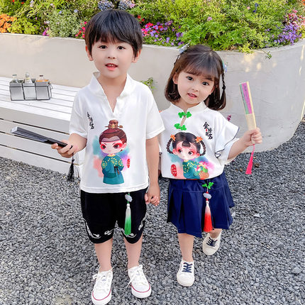 洋气休闲装表演服可爱潮中国风兄妹两件套卡通T恤幼儿园男女宝宝