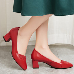 真皮正装单鞋女式春秋软底中跟皮鞋红色中年鞋子粗跟软皮浅口女鞋
