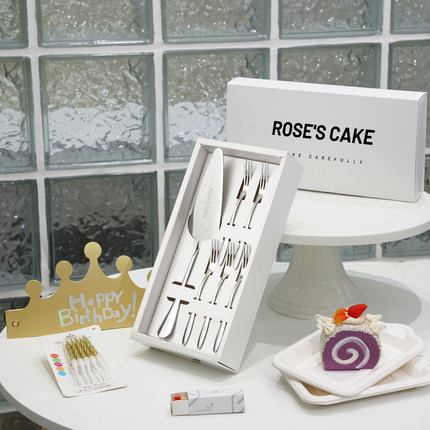 不锈钢生日蛋糕餐盘刀叉套装 餐具蜡烛七合一组合刀叉盘定制logo