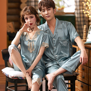 2套价情侣睡衣夏季冰丝绸短袖女士蕾丝简约韩版男长裤套装家居服
