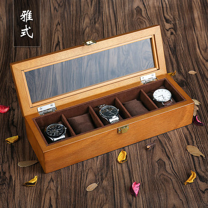 雅式手表盒收纳盒木质欧式家用简约复古天窗手表展示盒收藏盒五表