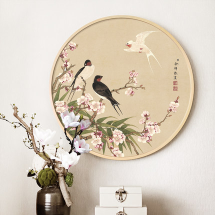 新中式客厅背景墙圆形花鸟装饰画茶室墙饰挂画中国风名家手绘国画