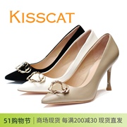 KISSCAT接吻猫2024正品羊皮尖头细高跟饰扣气质女单鞋KA43520-11