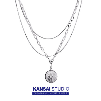 KANSAI自制欧美ins风多层链条人头硬币项链小众设计感锁骨毛衣链