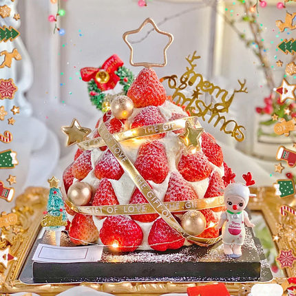圣诞节蛋糕装饰圣诞草莓塔草圈叶子鹿角娃娃金色丝带彩带圣诞摆件