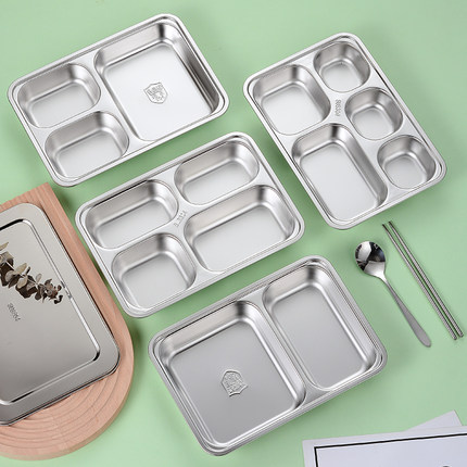 304不锈钢盘 学生饭盘中式带盖分格简约餐盒食堂三格减肥餐盘套装