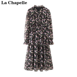 拉夏贝尔/La Chapelle复古碎花连衣裙女夏季木耳边黑色长袖雪纺裙