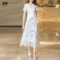 米白色中国风连衣裙女2024夏季新款气质高级感改良版收腰显瘦长裙