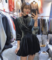 韩国东大门代购女装2021春季新款时尚显瘦纯色百搭气质丝绒连衣裙